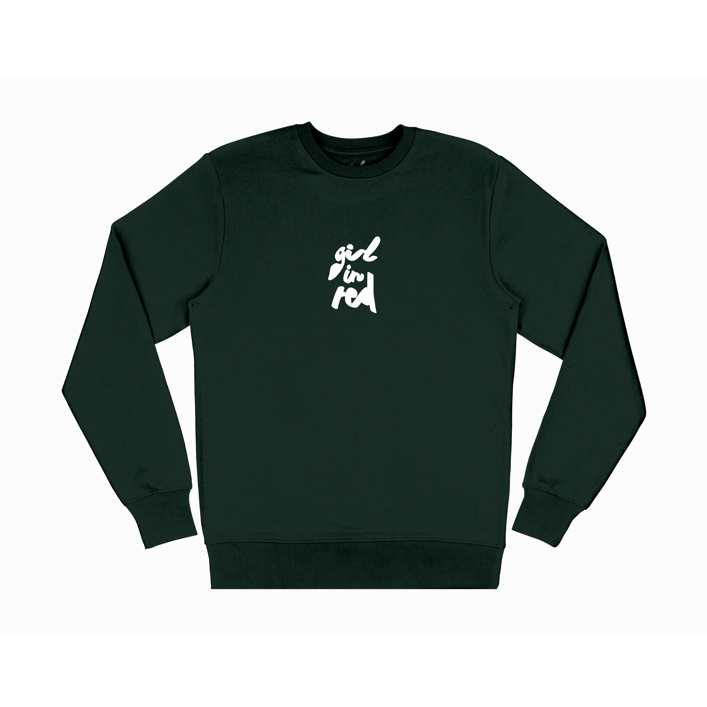 New girl in red crewneck in pine green features her logo embroidered on the front.