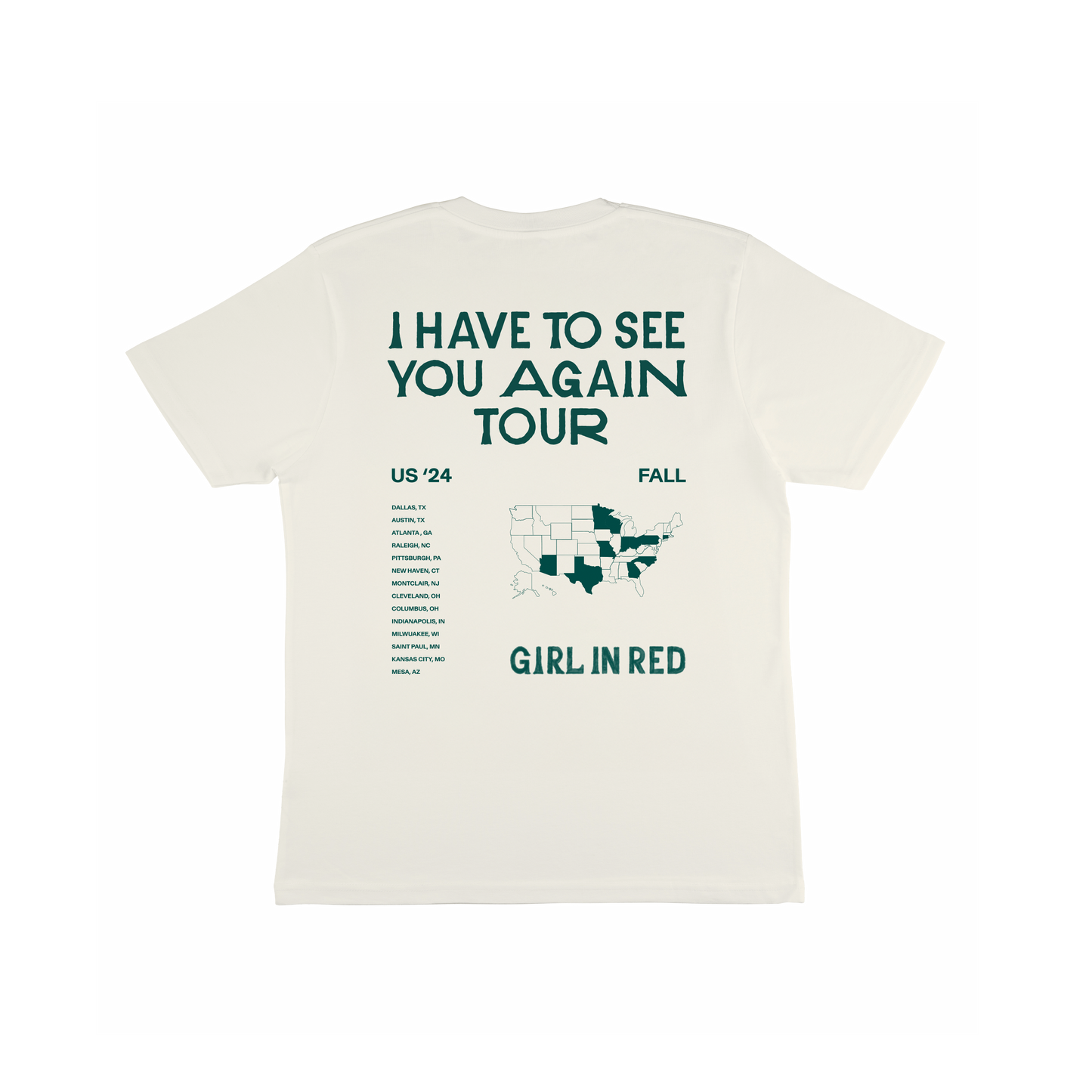 This natural-colored tee is all about bold statements and tour memories. The front features the playful "I'm Doing It Again Baby!" text in deep green, while the back showcases the Fall 2024 US Tour itinerary along with a vintage-inspired map graphic. This shirt combines a heavyweight, durable feel with timeless style.