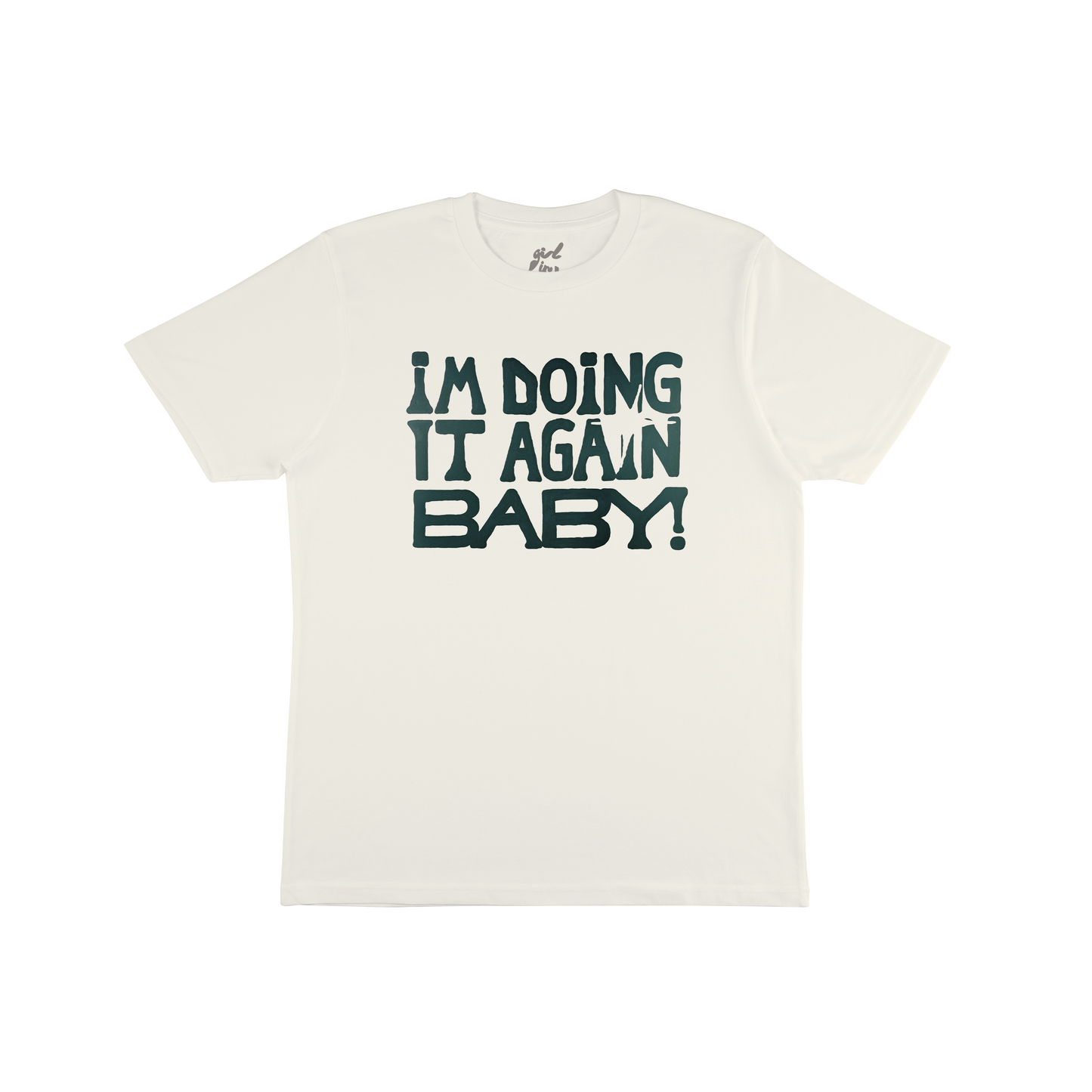This natural-colored tee is all about bold statements and tour memories. The front features the playful "I'm Doing It Again Baby!" text in deep green, while the back showcases the Fall 2024 US Tour itinerary along with a vintage-inspired map graphic. This shirt combines a heavyweight, durable feel with timeless style.