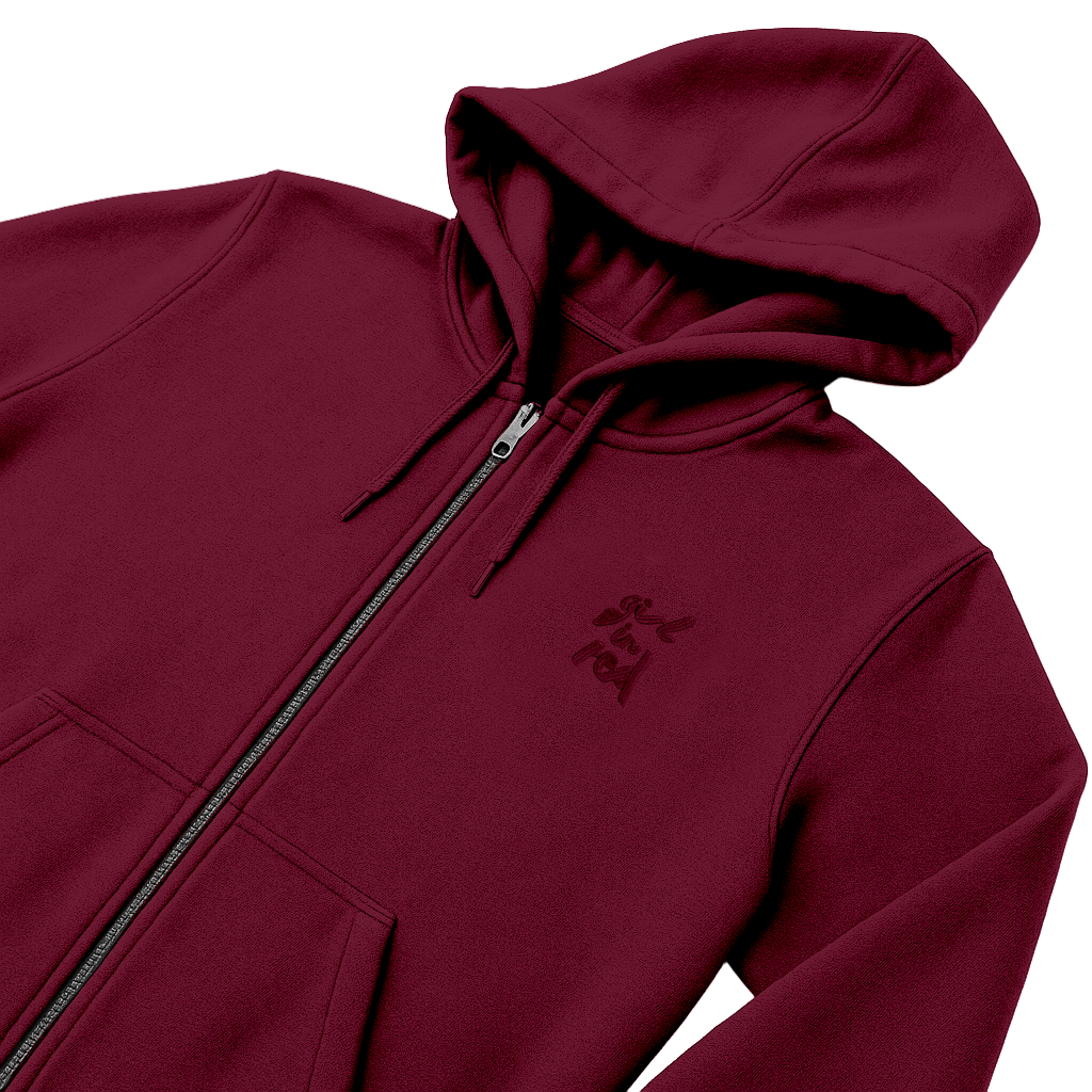 Maroon hoodie with a small logo on a white background