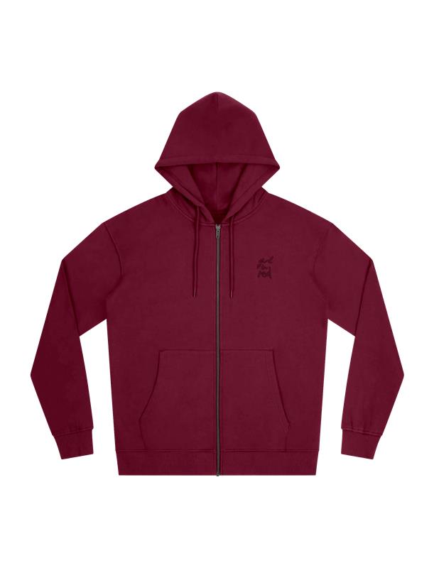 Maroon hoodie with a small logo on a white background