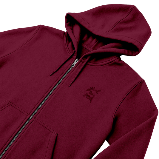 Maroon hoodie with a small logo on a white background