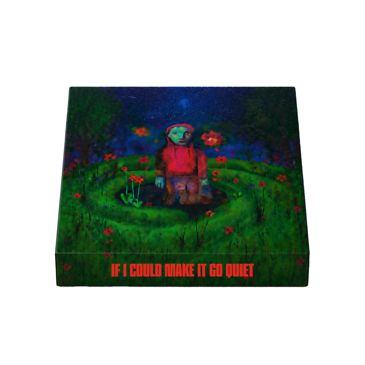Artistic depiction of a person in a red coat standing in a pond with flowers and text 'If I Could Make It Go Quiet'.