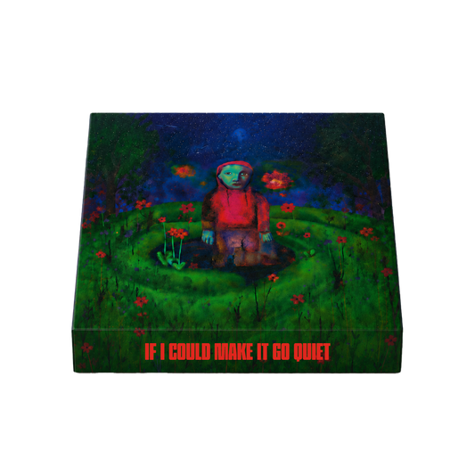 Artistic depiction of a person in a red coat standing in a pond with flowers and text 'If I Could Make It Go Quiet'.