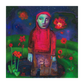 Artistic depiction of a person in a hooded garment standing in a field of flowers with a starry night sky.