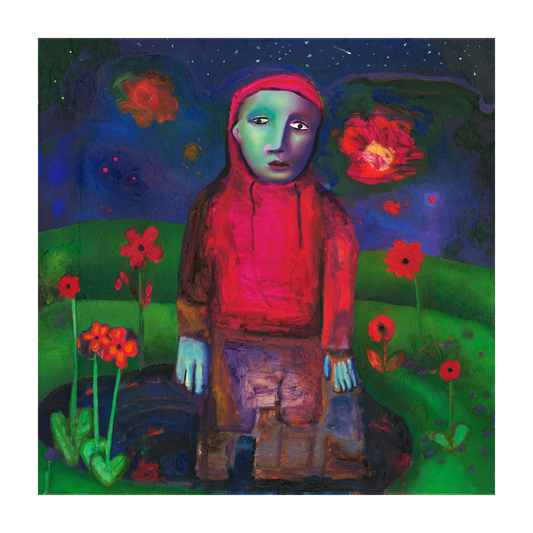 Artistic depiction of a person in a hooded garment standing in a field of flowers with a starry night sky.